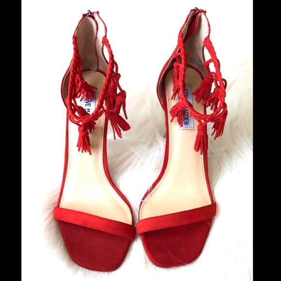 Steve Madden Red Tassel Ankle Stiletto Sandal SZ 8 - Picture 5 of 5